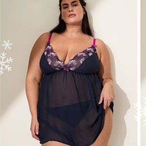 NWT Cacique Elegant Navy and Pink sheer Babydoll set